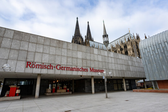 Cologne, NRW, Germany, 01 31 2021, roman germanic museum, peaks of Cologne Cathedral in the background