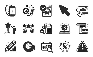 Search calendar, Star and Edit statistics icons simple set. Ranking, Bill accounting and Mouse cursor signs. Engineering, Cloud computing and Loan percent symbols. Flat icons set. Vector