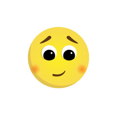 Vector shy emoticon isolated on a white background. Yellow flushed face emoji with downcast eyes, raised eyebrows and blushing cheeks