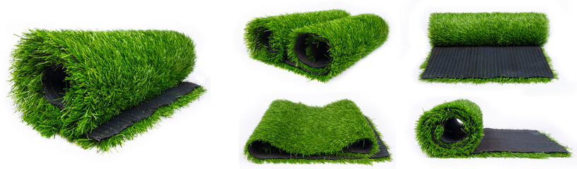 collage of rolls of artificial plastic turf for sports fields panorama
