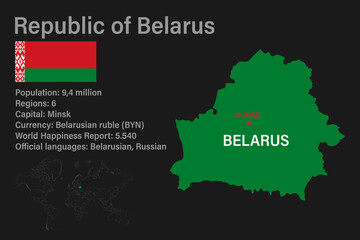 Highly detailed Belarus map with flag, capital and small map of the world