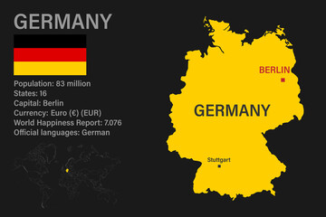 Obraz premium Highly detailed Germany map with flag, capital and small map of the world