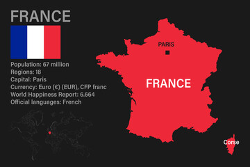 Obraz premium Highly detailed France map with flag, capital and small map of the world