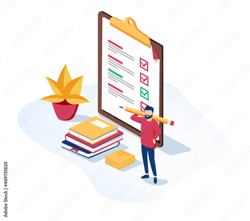 Poster people character holding pencil and putting check mark on checklist in survey form. notebook and mem