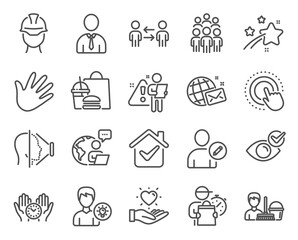 People icons set. Included icon as Click hand, Check eye, Edit user signs. Group people, World mail, Person idea symbols. Safe time, Hold heart, Cleaning service. Teamwork business, Human. Vector