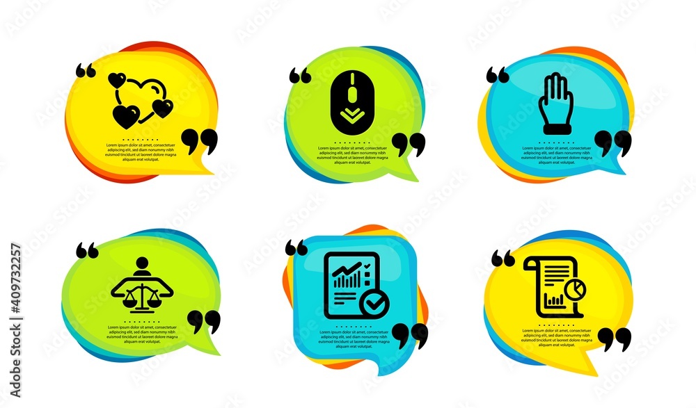 Poster heart, court judge and scroll down icons simple set. speech bubble with quotes. checked calculation,