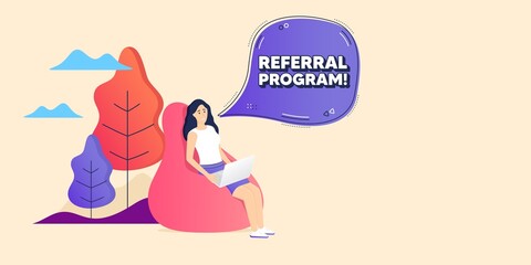 Referral program symbol. Remote freelance employee. Refer a friend sign. Advertising reference. Woman sitting in beanbag. Referral program chat bubble. Vector