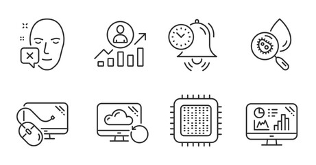 Analytics graph, Career ladder and Cpu processor line icons set. Computer mouse, Time management and Face declined signs. Recovery cloud, Water analysis symbols. Quality line icons. Vector