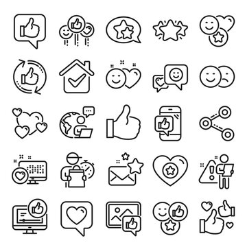 Social media line icons. Set - Share network, Social links and Rating linear icons. Heart, Feedback smile emotion and internet media. Share network, like icon, video content rating and dislike. Vector
