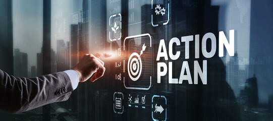 Business Action Plan strategy concept on virtual screen. Time management. - obrazy, fototapety, plakaty
