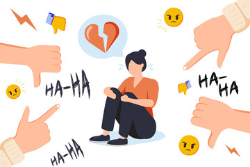 Social media bullying. Haters pointing fingers frim monitor at victim, laughing at crying girl. Flat vector illustration - obrazy, fototapety, plakaty