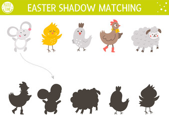 Fototapeta premium Easter shadow matching activity for children. Fun spring puzzle with cute farm animals. Holiday celebration educational game for kids. Find the correct silhouette printable worksheet. .
