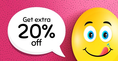 Get Extra 20 percent off Sale. Easter egg with yummy smile face. Discount offer price sign. Special offer symbol. Save 20 percentages. Easter smile character. Extra discount speech bubble. Vector