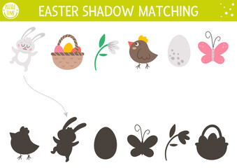 Easter shadow matching activity for children. Fun spring puzzle with cute holiday symbols. Educational game for kids with eggs, basket, bunny, flower. Find the correct silhouette printable worksheet.