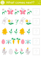 What comes next. Easter matching activity for preschool children with traditional holiday symbols. Funny educational puzzle. Logical worksheet. Continue the row. Simple spring game for kids.
