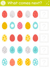 What comes next with colored decorated eggs. Easter matching activity for preschool children with traditional holiday symbols. Funny spring puzzle. Logical worksheet. Continue the row. .