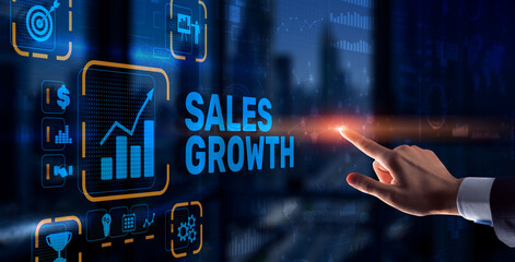 Sales Growth Man clicks inscription on virtual 3D screen.