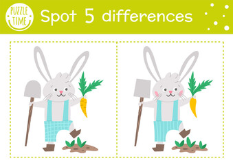 Easter find differences game for children. Holiday educational activity with funny bunny planting a carrot. Printable worksheet with cute character. Spring puzzle for kids..