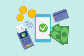 Vector Illustration On Blue Background On Financial Transactions And Cashless Operations Concept. Composition In Flat Cartoon Style With Mobilephone, Terminal Machine, Credit Card And Paper Money