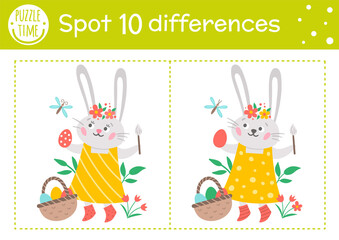 Easter find differences game for children. Holiday educational activity with funny bunny girl coloring egg. Printable worksheet with cute character. Spring puzzle for kids..