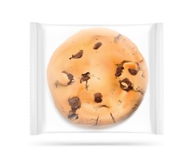 Transparent plastic package with realistic cookie. Vector illustration on white background. Can be use for template your design, promo, adv. EPS10