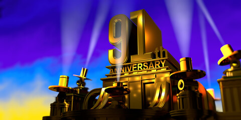 91th anniversary in thick letters on a golden building illuminated by 6 floodlights with white light on a blue sky at sunset. 3D Illustration