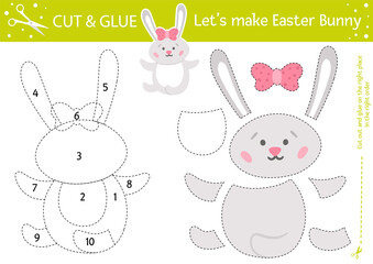 Vector Easter cut and glue activity. Holiday educational crafting game with cute rabbit. Fun spring activity for kids. Make Easter Bunny.