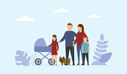 Illustration In Flat Cartoon Style. Vector Composition On Blue Background With Characters And Floral Design Elements. Family Of Five Members Standing Together. Parents, Children, Baby Carriage And Dog