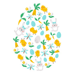 Obraz premium Vector egg shaped frame with Easter characters and symbols. Traditional spring concept clipart. Funny design for banners, posters, invitations. Cute holiday card template with chicks, eggs, Bunnies..