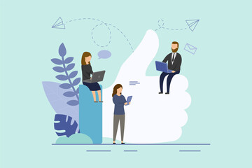Vector Illustration In Cartoon Flat Style On Blue Background With Businessmen Characters In Office Outfits. Thumb Up Symbol, Internet Communacation Like Icon And People With Gadgets Working Around