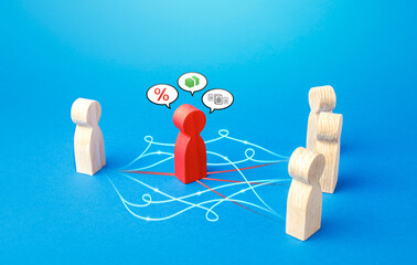 Figures of people connected bypassing the red mediator. Direct contact, minimizing costs....