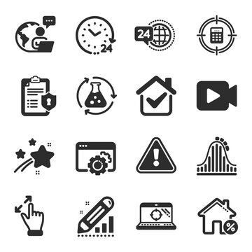 Set of Technology icons, such as 24h service, Roller coaster, Privacy policy symbols. Video camera, Edit statistics, Seo laptop signs. Loan house, Seo gear, Chemistry experiment. 24 hours. Vector