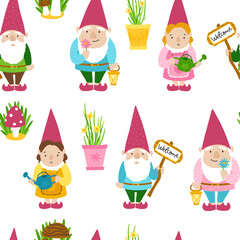 Fototapeta premium Garden gnomes seamless pattern. A collection of three cartoon cute fairy-tale characters with mushrooms and pots of flowers to decorate the yard, vegetable garden, park. Ideal for spring summer design