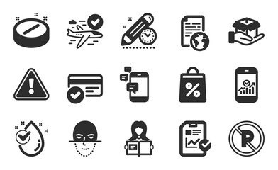 Project deadline, Face recognition and Payment methods icons simple set. Confirmed flight, Internet document and Hold box signs. Flat icons set. Vector