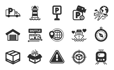 Open box, Parking garage and Parking icons simple set. Honeymoon cruise, Parcel tracking and Lighthouse signs. World travel, Delivery box and Shuttle bus symbols. Flat icons set. Vector