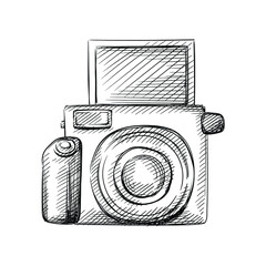 Hand drawn sketch of Polaroid camera on a white background. Wedding theme. Celebration and festivities. Accessories for wedding - 409734852