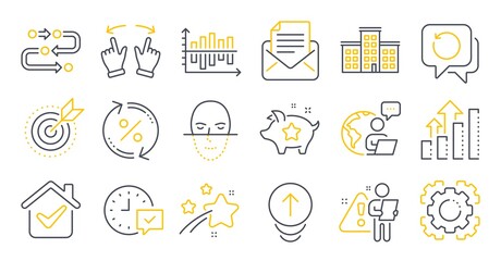 Set of Technology icons, such as Mail correspondence, Face recognition, Move gesture symbols. Loan percent, Analysis graph, Select alarm signs. Seo gear, Recovery data, Target purpose. Vector