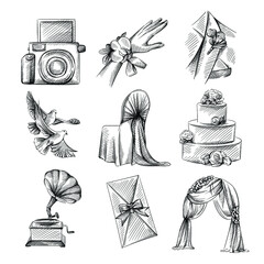 Hand drawn sketch set of Wedding theme. Boutonniere on suit, curtain arch, antique gramophone, Three Tier cake, decorated chair, boutonniere on hand, invitation for wedding, two doves, Polaroid camera - 409735049