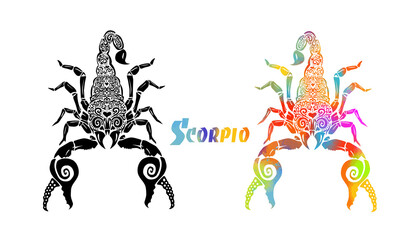 Scorpion of multicolored patterns. T-shirt print. Scorpio zodiac sign. Mixed media. Vector illustration
