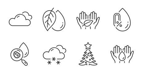 No alcohol, Cloudy weather and Mineral oil line icons set. Fair trade, Water analysis and Christmas tree signs. Safe water, Snow weather symbols. Mineral oil, Sky climate, Organic tested. Vector