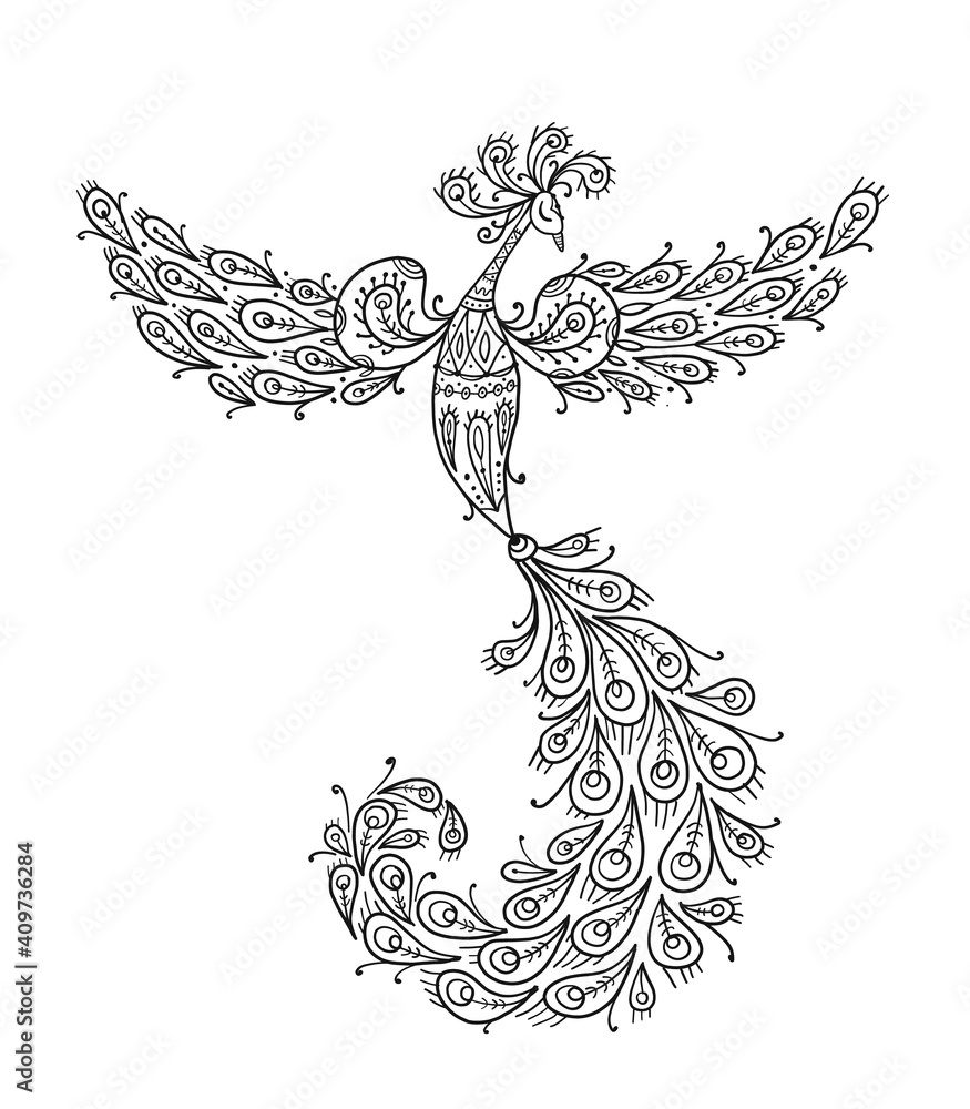 Poster firebird with a majestic tail. phoenix bird. mythical character. ornamental silhouette for your desi