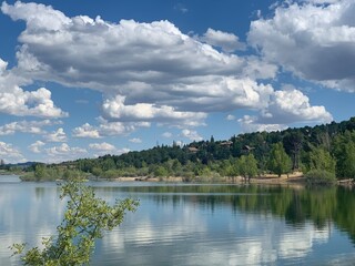 lake in the mountains with clouds reflection