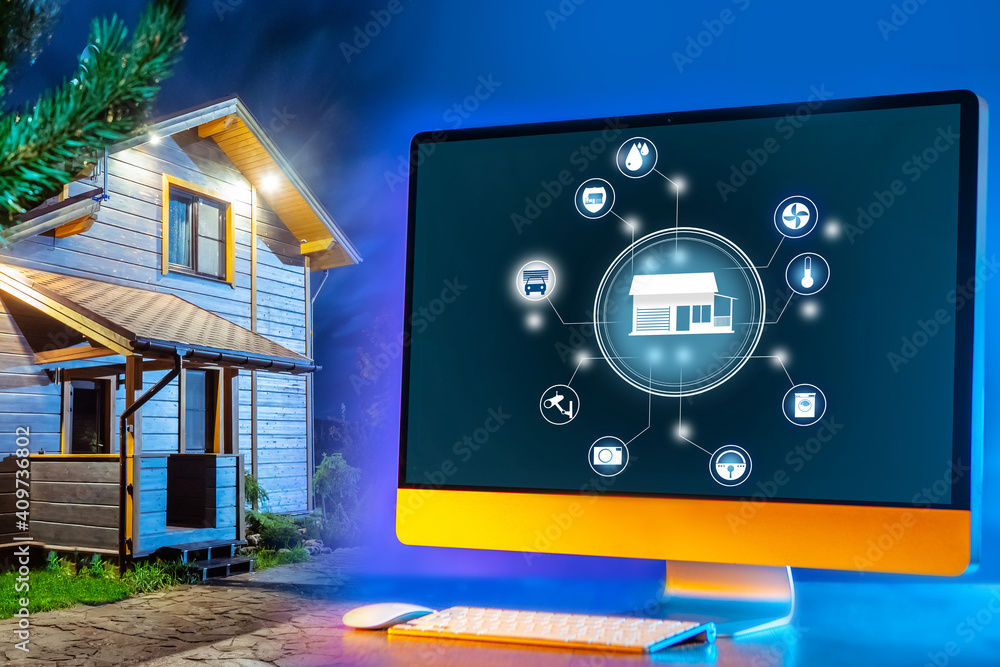 Poster private house managed via the internet. the cottage uses smart home technology. a computer with a ho