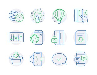 Technology icons set. Included icon as Idea, Get box, Refrigerator signs. Download file, Approved message, Dj controller symbols. Contactless payment, Air balloon, Time management. Vector