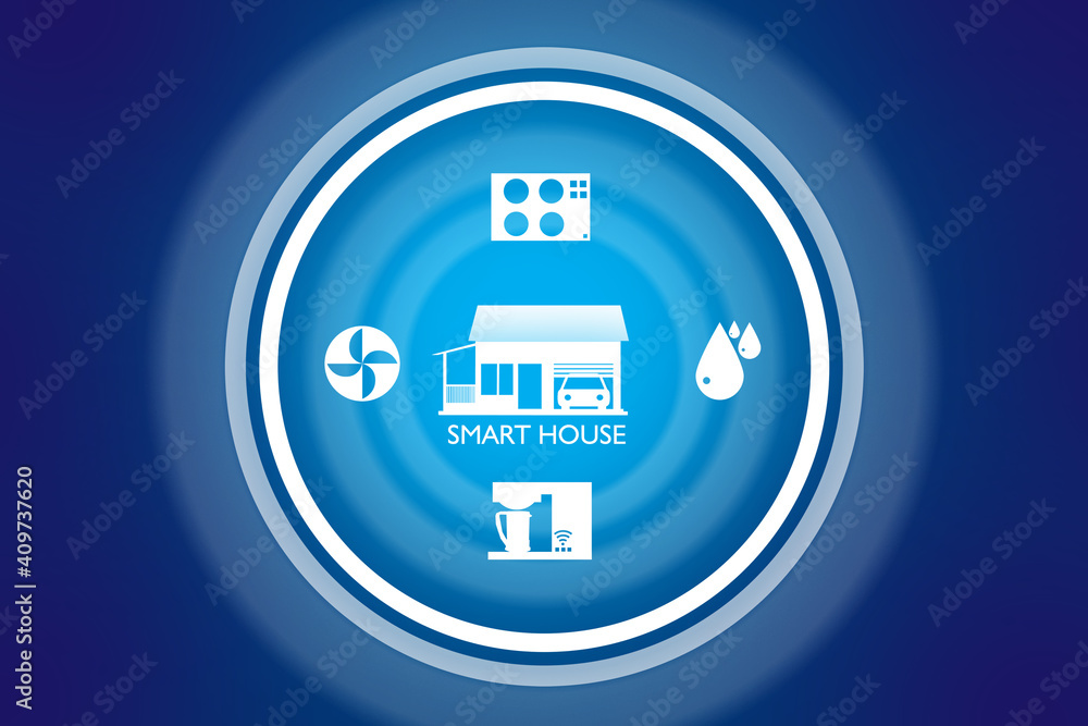 Aufkleber infographic smart home in blue. a large button with a schematic image of the cottage and smart home 