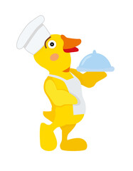 Duck cook in a chef's hat and apron serves a dish in a closed box funny character