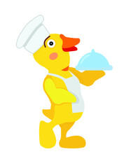 Duck cook in a chef's hat and apron serves a dish in a closed box funny character