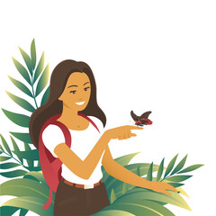 The tourist girl saw an exotic butterfly among tropical thickets. Cartoon illustration about nature and travel. White background