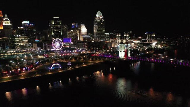 2.7K BLINK Cincinnati Roebling Bridge Drone Aerial Close Up POI Rotating Right Smale Park