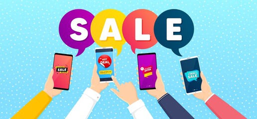 Final sale, Last minute offer and Hot deal set. Banner with mobile phones in hands. Final discount sign. Sale offer, discount sticker, save 50 percent banner. Promotional tag set. Vector